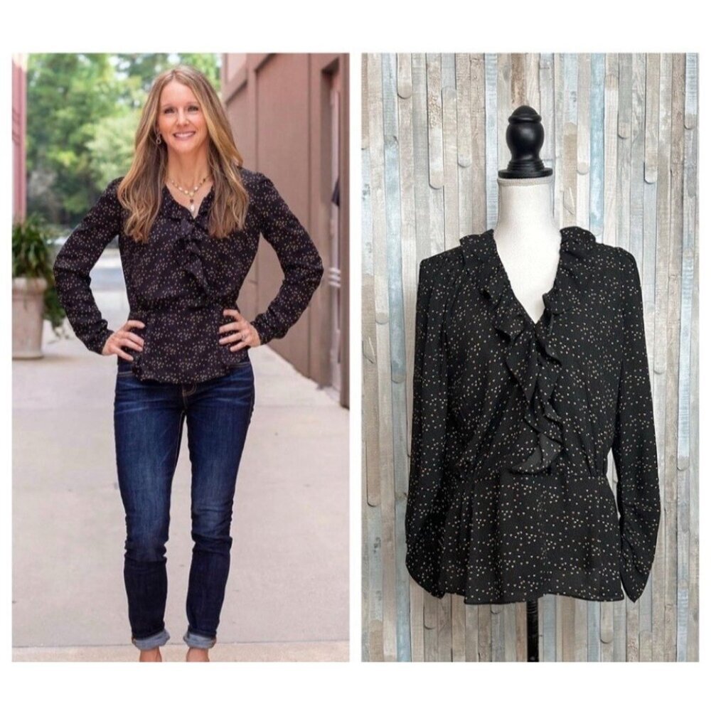 Cabi Womens Eros Blouse Shirt‎ Size S Baby Heart Print Ruffle Romantic Wrap 4154